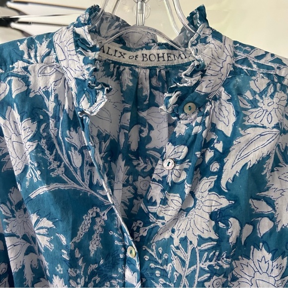 Alix of Bohemia Poet blouse turquoise floral block print ruffle collar - Picture 6 of 6